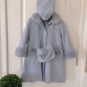 Girls Light Blue Dress Coat with Hat and Purse - Size 5